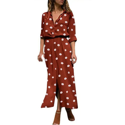 Boho Polka Dot V-Neck Swing Midi Dress