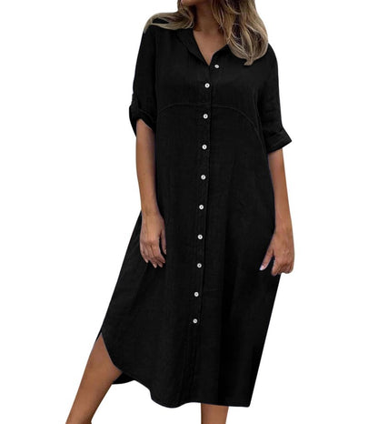 Cotton Linen Collar Long Shirt Dress