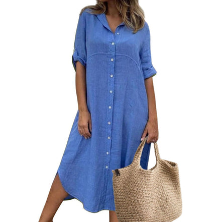 Cotton Linen Collar Long Shirt Dress