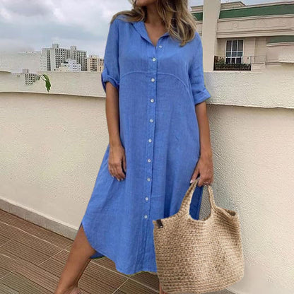 Cotton Linen Collar Long Shirt Dress