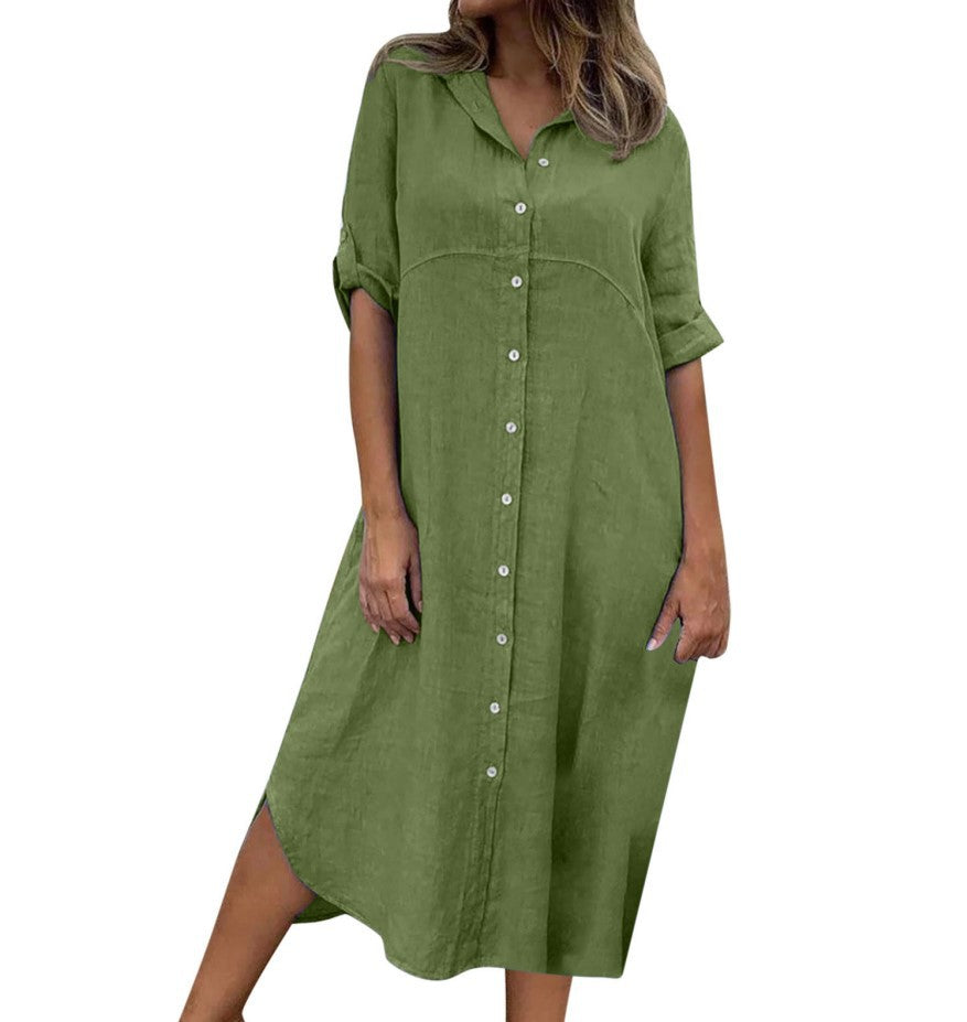 Cotton Linen Collar Long Shirt Dress