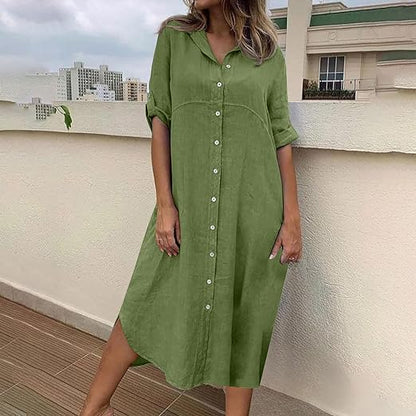 Cotton Linen Collar Long Shirt Dress