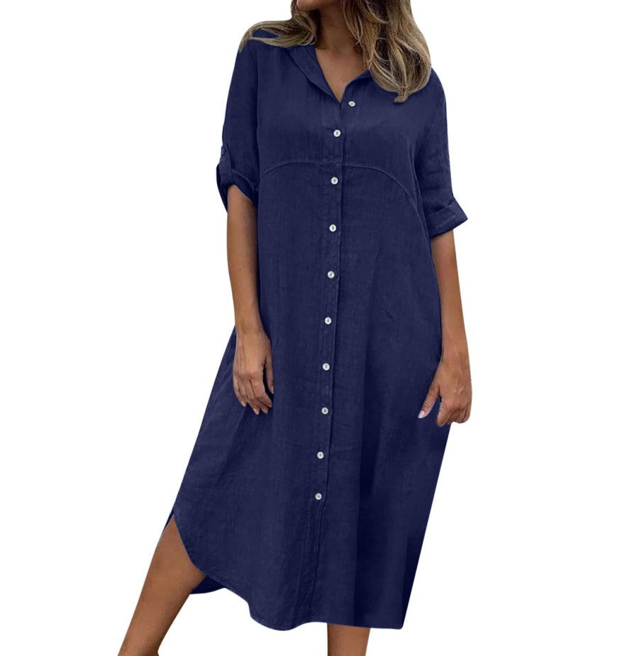 Cotton Linen Collar Long Shirt Dress