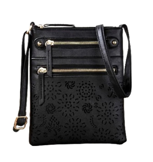 Rectangle Dual Zipper Vegan Leather Crossbody Bag