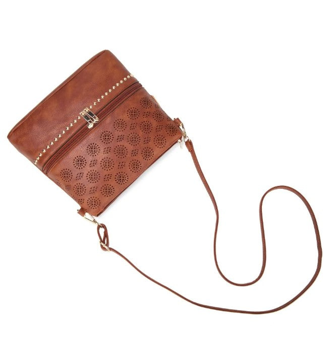 Hollow Crossbody Bag Genuine Leather with Dual Zipper