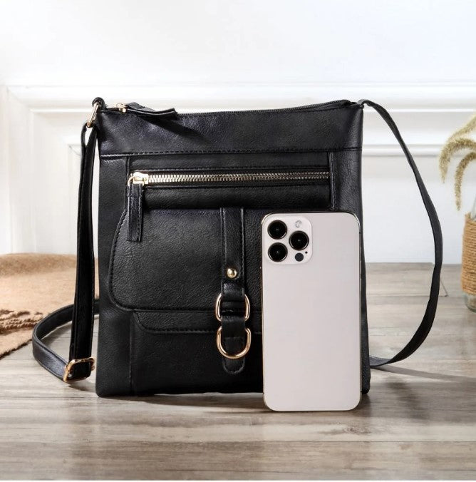 Zipper Vegan Leather Crossbody Bag with Extra pocket