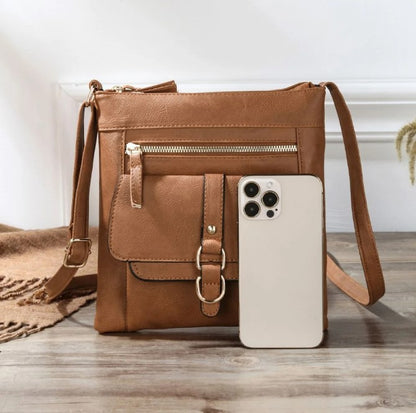 Zipper Vegan Leather Crossbody Bag with Extra pocket