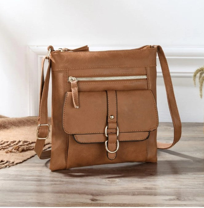 Zipper Vegan Leather Crossbody Bag with Extra pocket