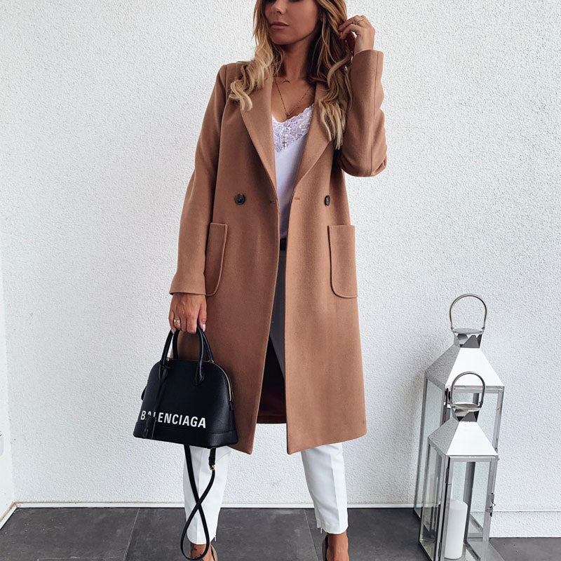 Double Pocket Fake Wool Long Jacket