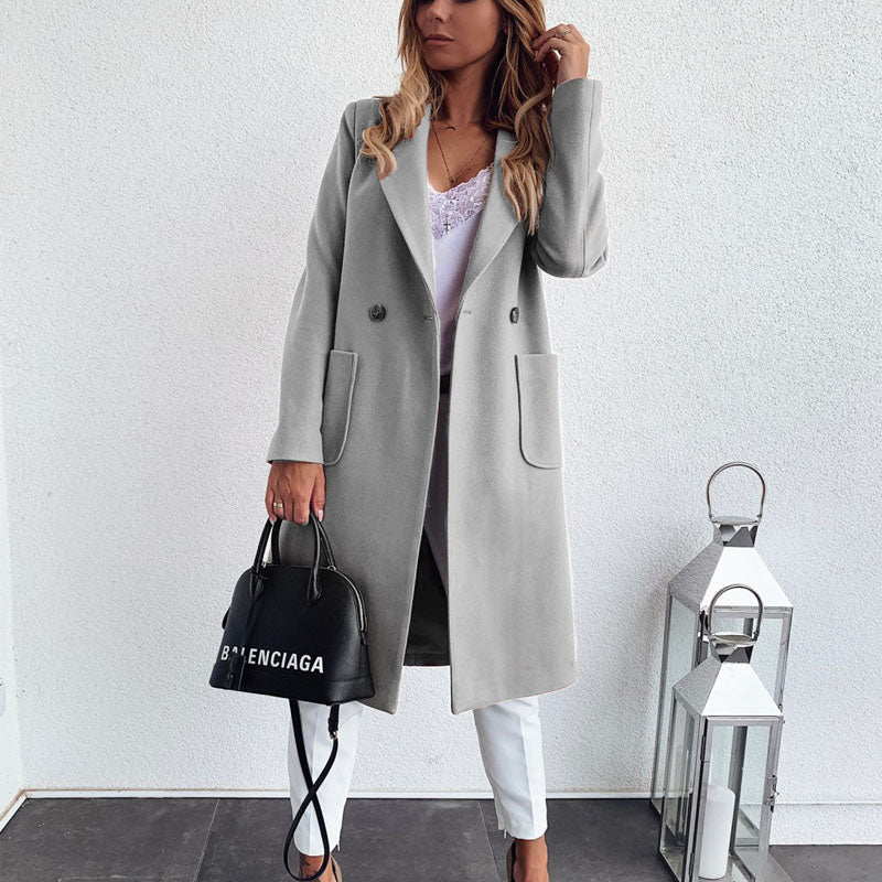 Double Pocket Fake Wool Long Jacket