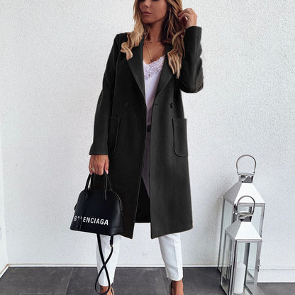 Double Pocket Fake Wool Long Jacket