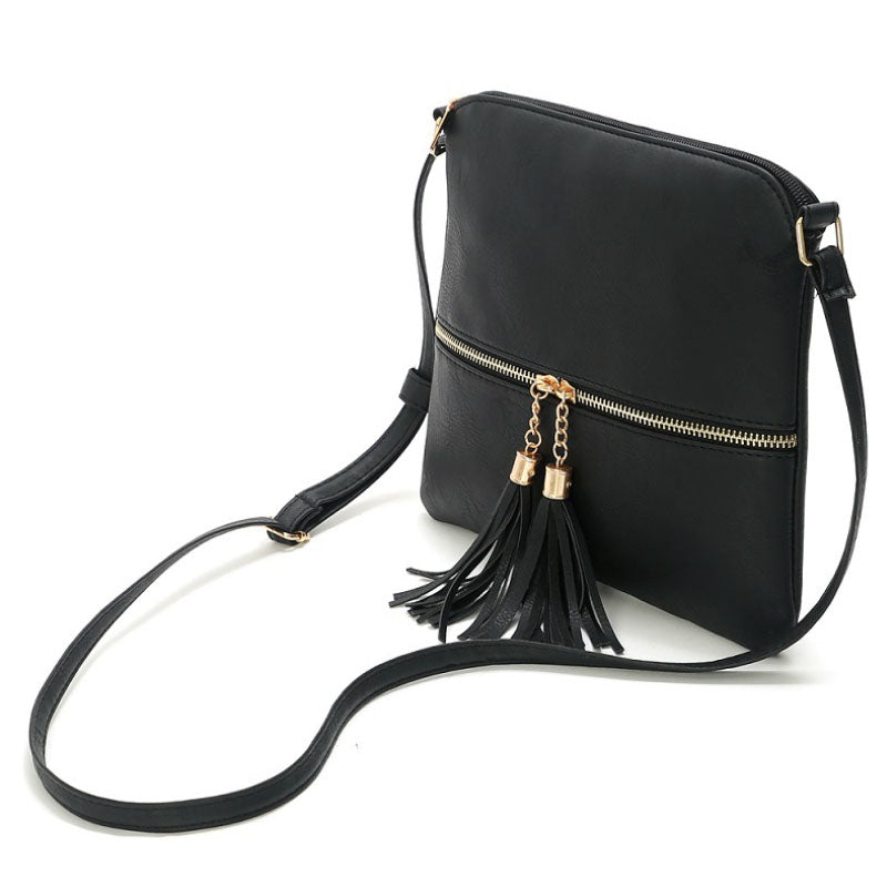 Vegan Crossbody tassel Bag with two zipper