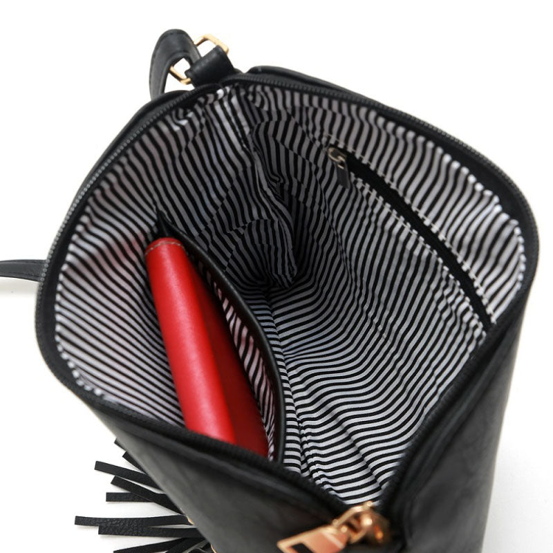 Vegan Crossbody tassel Bag with two zipper