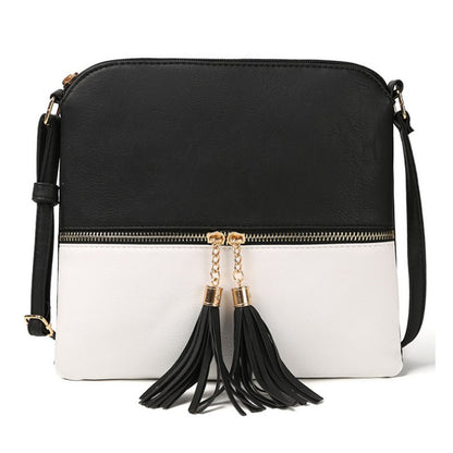 Vegan Crossbody tassel Bag with two zipper