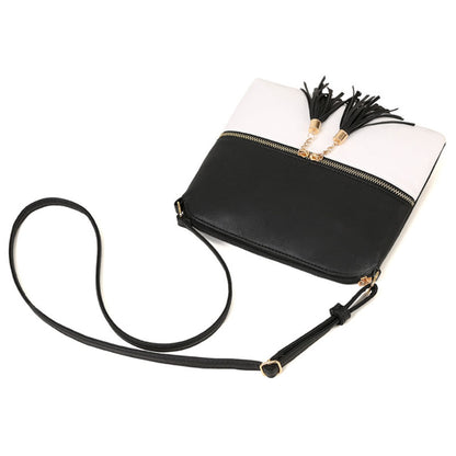 Vegan Crossbody tassel Bag with two zipper