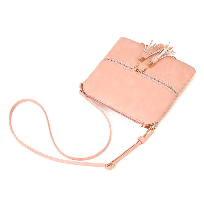 Vegan Crossbody tassel Bag with two zipper