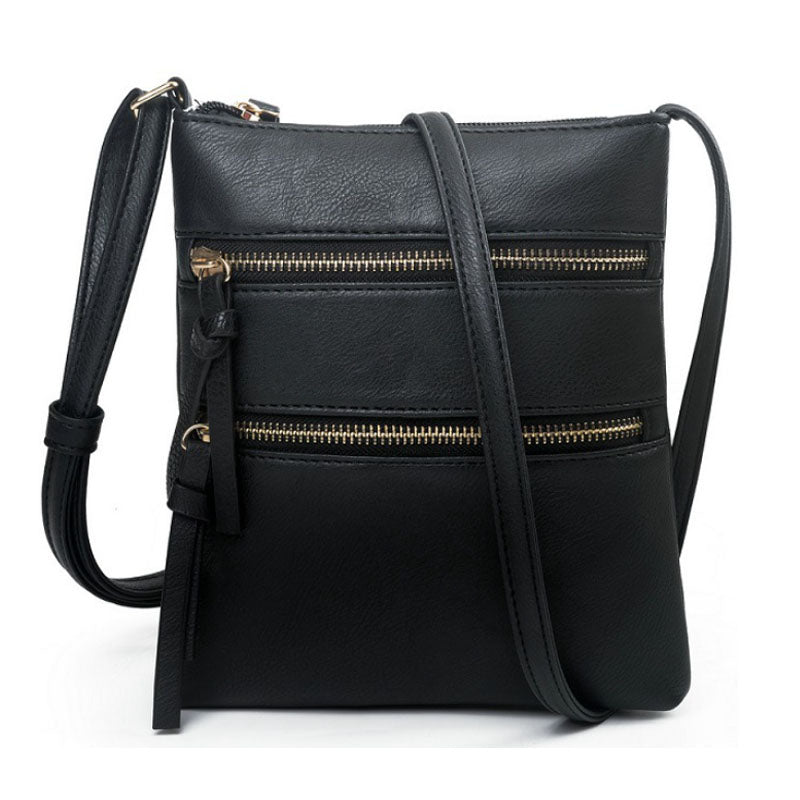 Genuine Leather Double Zippers Crossbody Bag