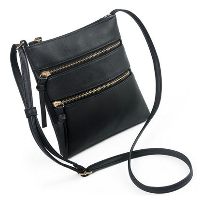 Genuine Leather Double Zippers Crossbody Bag