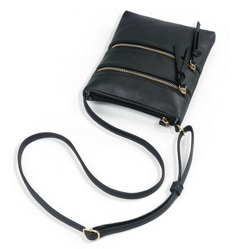 Genuine Leather Double Zippers Crossbody Bag