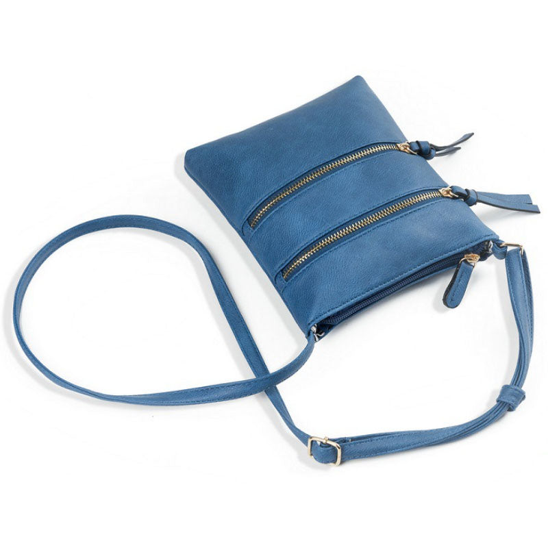 Genuine Leather Double Zippers Crossbody Bag