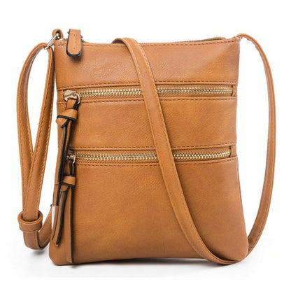 Genuine Leather Double Zippers Crossbody Bag