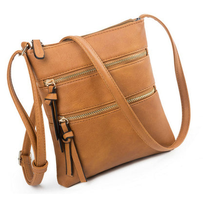 Genuine Leather Double Zippers Crossbody Bag