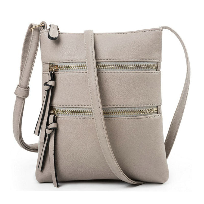 Genuine Leather Double Zippers Crossbody Bag