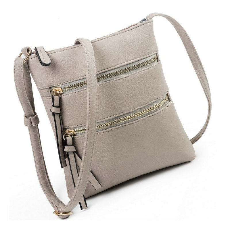 Genuine Leather Double Zippers Crossbody Bag