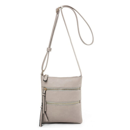 Genuine Leather Double Zippers Crossbody Bag