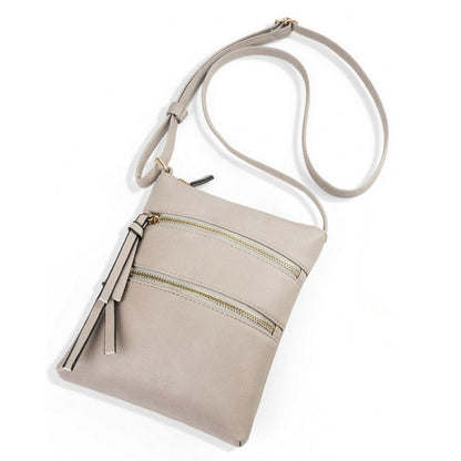 Genuine Leather Double Zippers Crossbody Bag