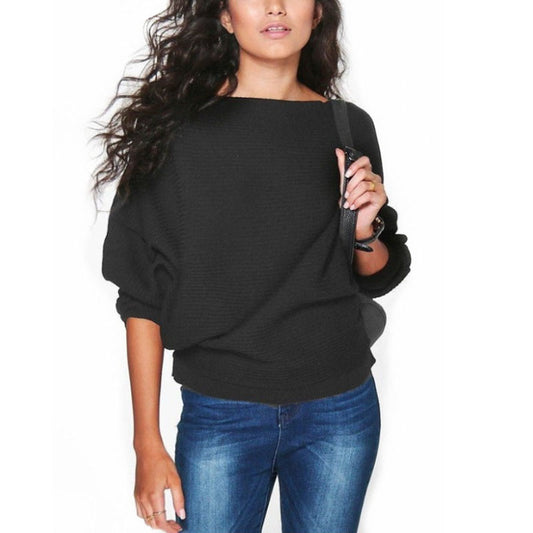 Loose Bat Sleeve Boat Neck Knit Women's Sweater Pullover Jumper