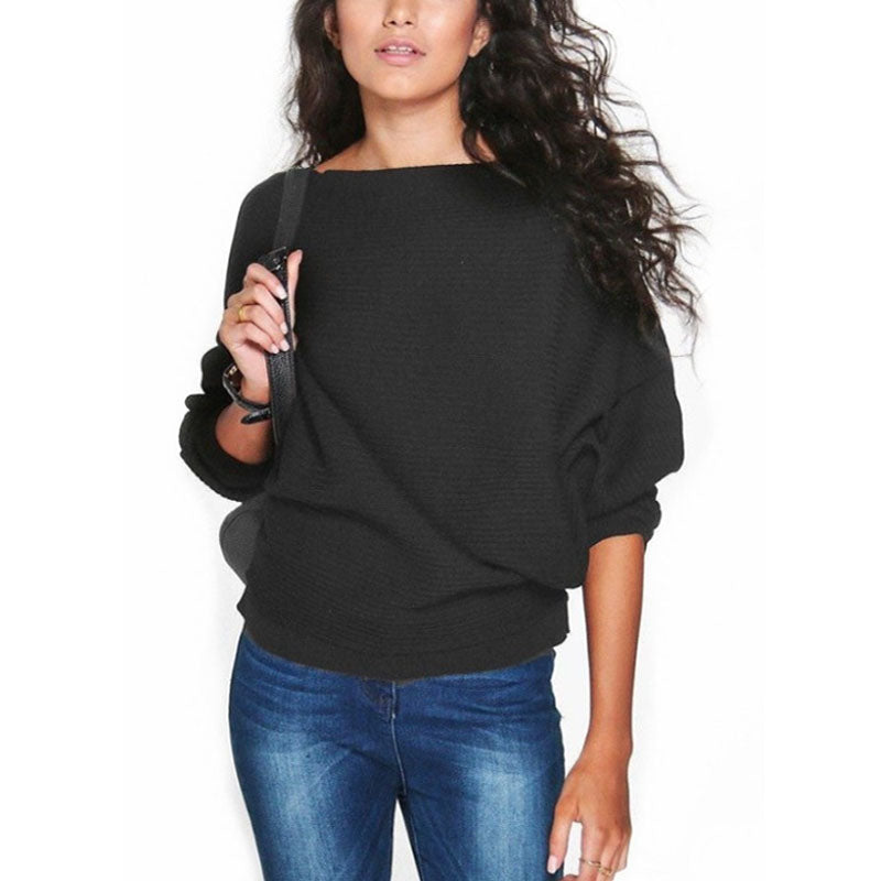 Loose Bat Sleeve Boat Neck Knit Women's Sweater Pullover Jumper