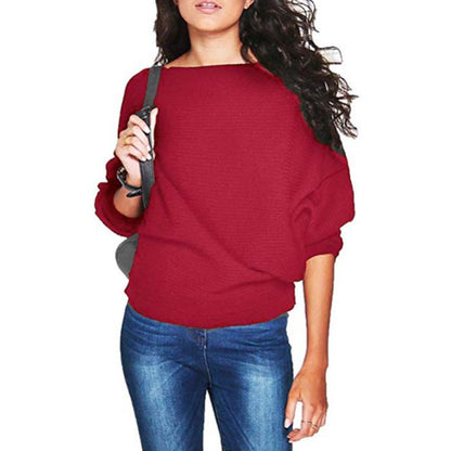 Loose Bat Sleeve Boat Neck Knit Women's Sweater Pullover Jumper