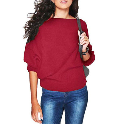 Loose Bat Sleeve Boat Neck Knit Women's Sweater Pullover Jumper