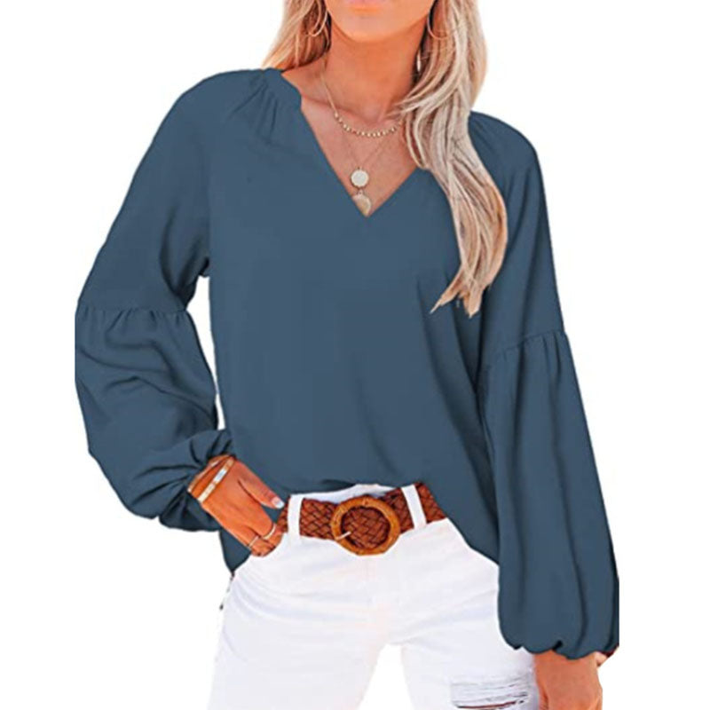 Women's Lantern Long Sleeve V-Neck Blouse Top