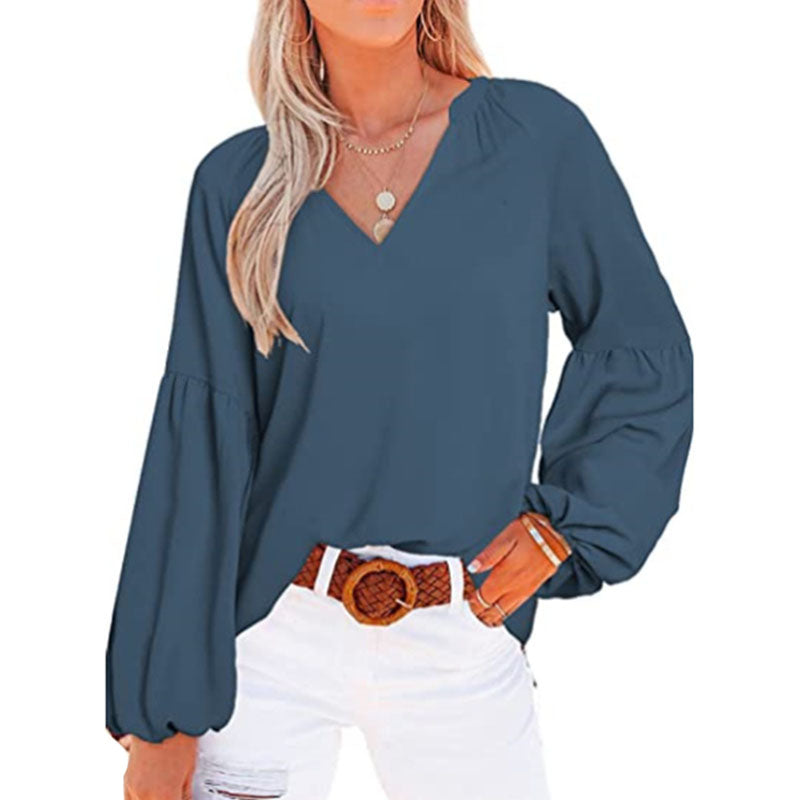 Women's Lantern Long Sleeve V-Neck Blouse Top