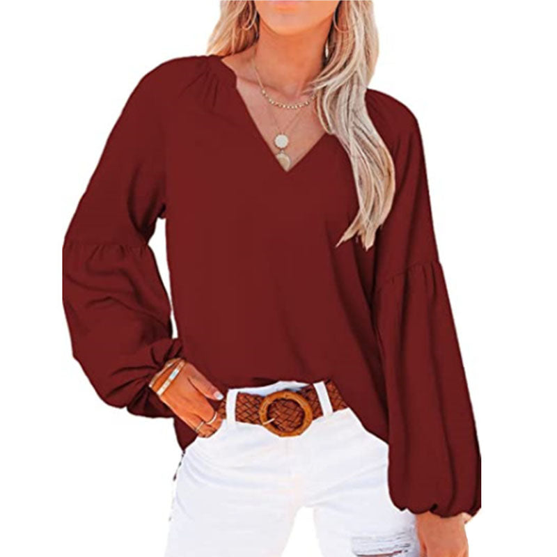 Women's Lantern Long Sleeve V-Neck Blouse Top