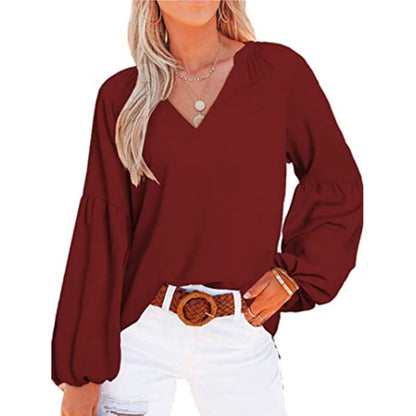 Women's Lantern Long Sleeve V-Neck Blouse Top