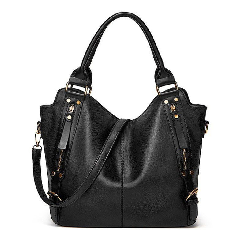 Vegan Leather Tote Shoulder Bag With Two Side Pockets