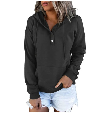 Hooded Button Collar Drawstring Hoodies Pullover Sweatshirts