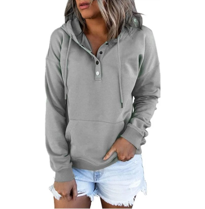 Hooded Button Collar Drawstring Hoodies Pullover Sweatshirts