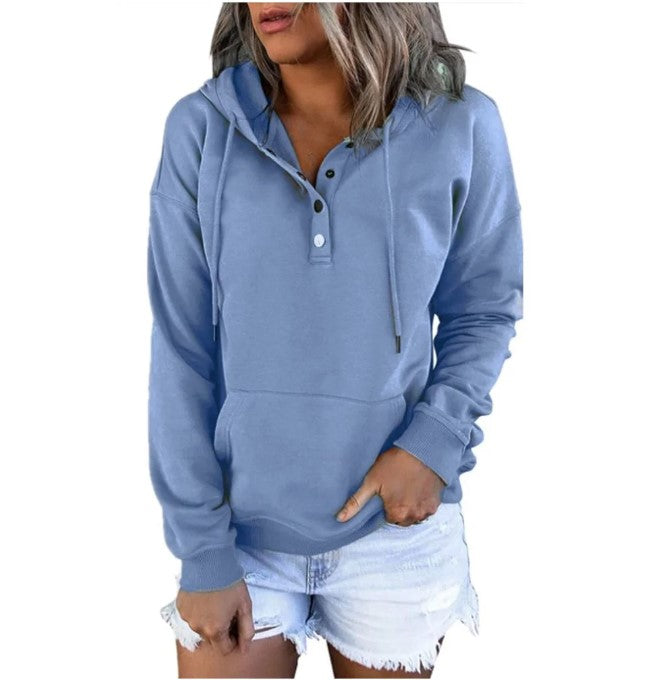 Hooded Button Collar Drawstring Hoodies Pullover Sweatshirts