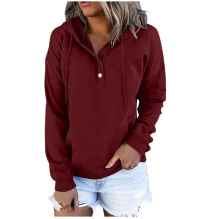 Hooded Button Collar Drawstring Hoodies Pullover Sweatshirts