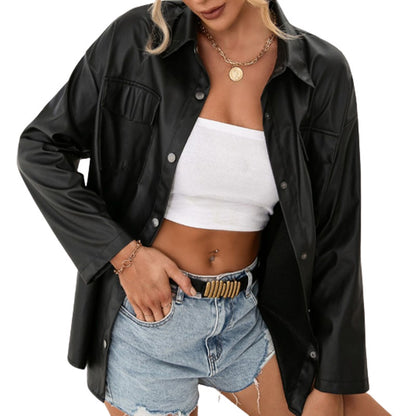 Women's Vegan Leather Jacket Loose Fit Button Closure