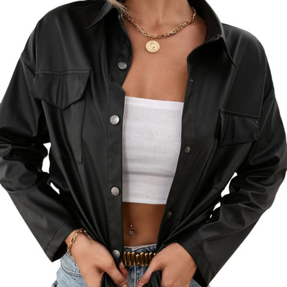 Women's Vegan Leather Jacket Loose Fit Button Closure