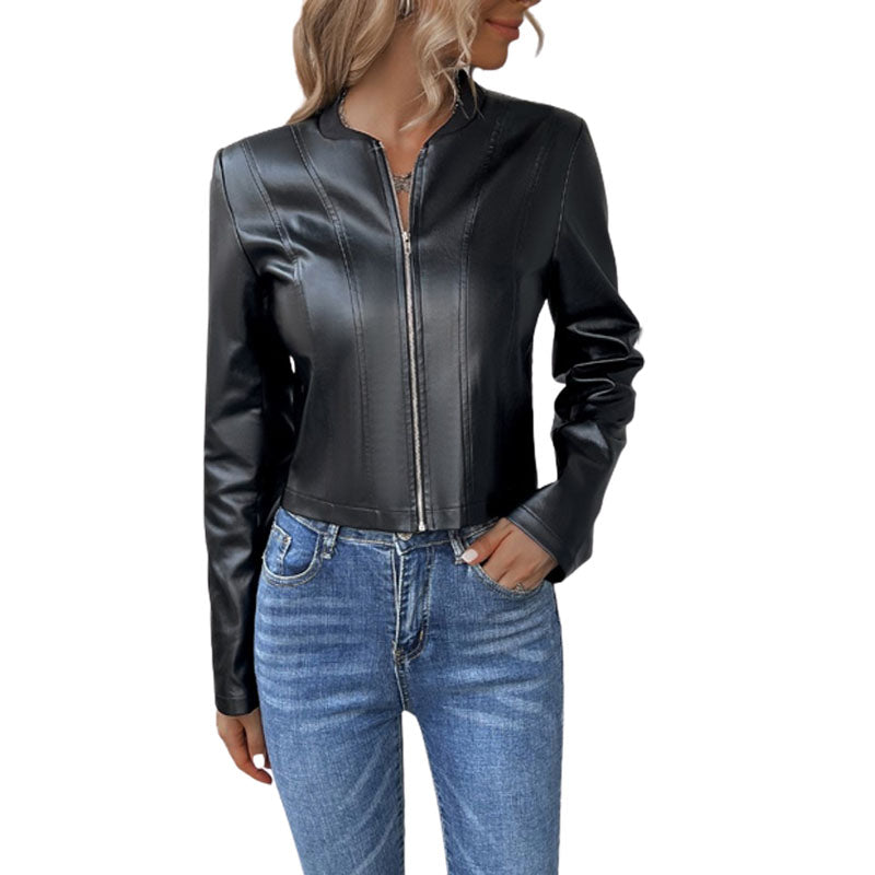 Vegan Leather Jacket Slim Fit Zipper Closure