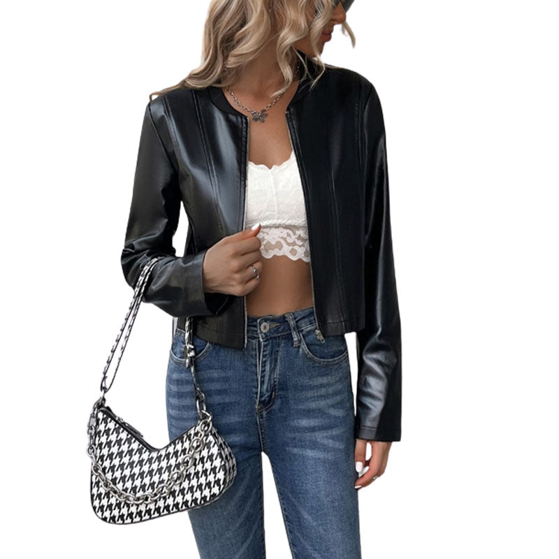 Vegan Leather Jacket Slim Fit Zipper Closure