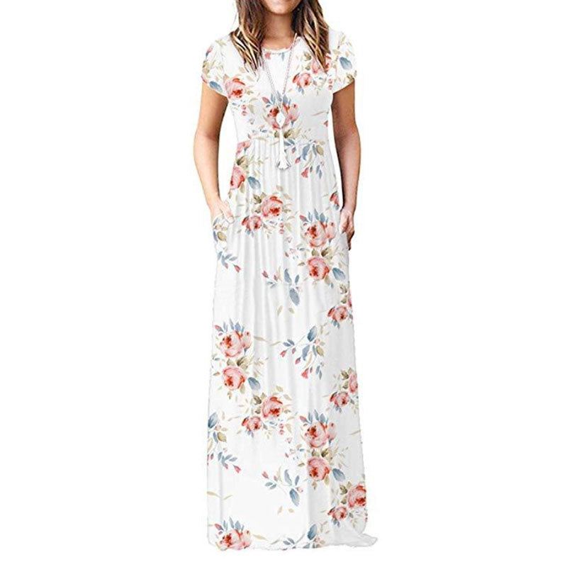 Round Neck Printed Floral Dress With Loose Pocket