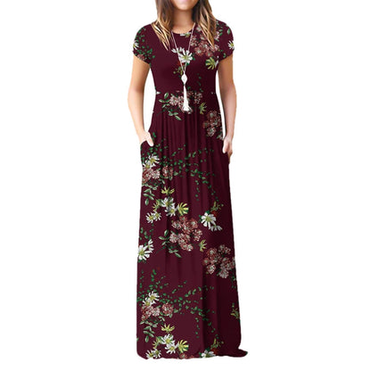 Round Neck Printed Floral Dress With Loose Pocket