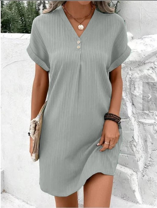 V-Neck Plain Colour Pullover Dress with Button